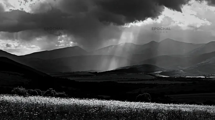 Slovak meadow in Carpathian valley under dark clouds - AI-generated stock image