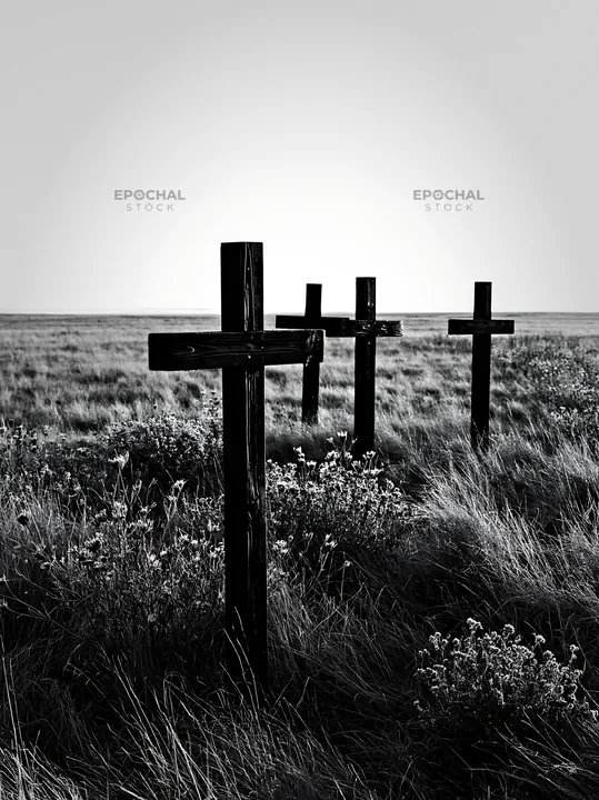 Wooden crosses in meadow with flowers during Christmas season - AI-generated stock image