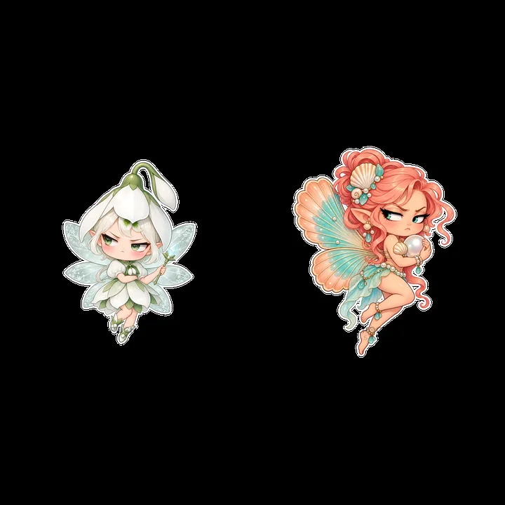 Kawaii grumpy fairy stickers with flowers and pearls - AI-generated stock image