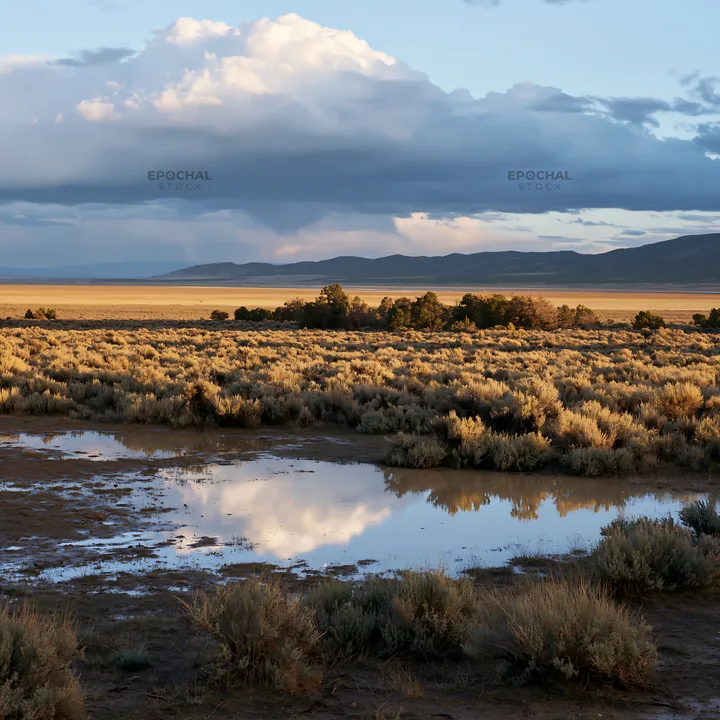 Sagebrush meadow light over a reflective pond - AI-generated stock image