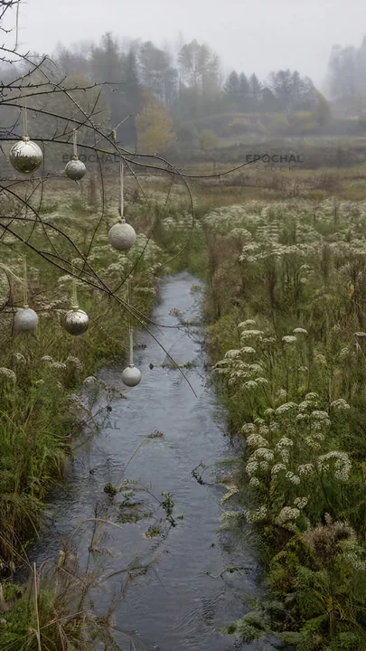Christmas ornaments hang above stream in meadow - AI-generated stock image
