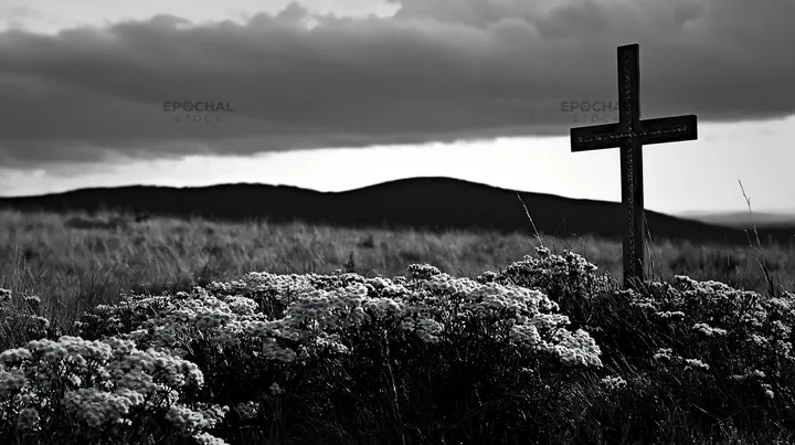 Christian cross in yellow wildflower meadow on cloudy day - AI-generated stock image
