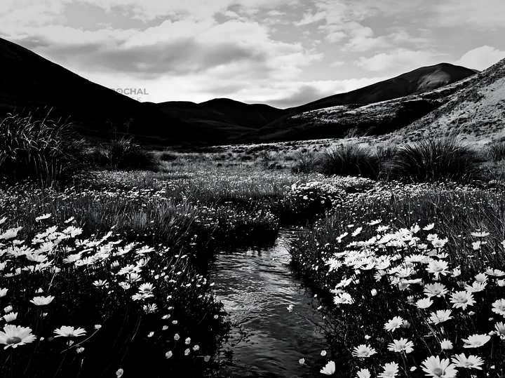 Winding stream through a meadow with flowers and mountains - AI-generated stock image