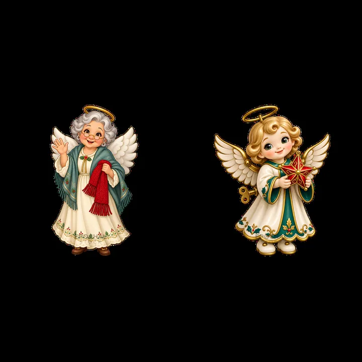 Two Christmas angels with unique features and cheerful expressions - AI-generated stock image