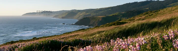 Clifftop meadow with ocean view and blooming flowers - AI-generated stock image