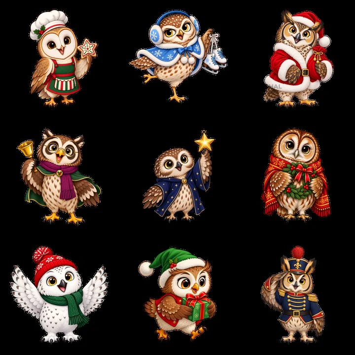Christmas owls in festive outfits celebrating the winter season - AI-generated stock image