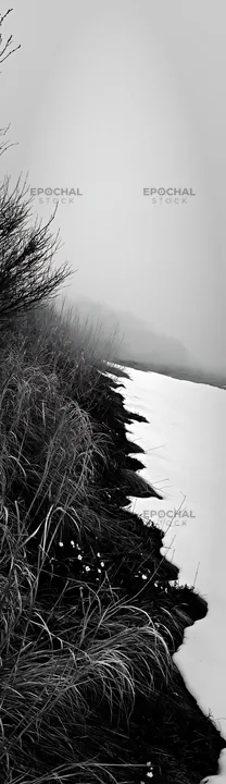 Black and white akita snowmelt meadow with silver grasses in foggy setting - AI-generated stock image