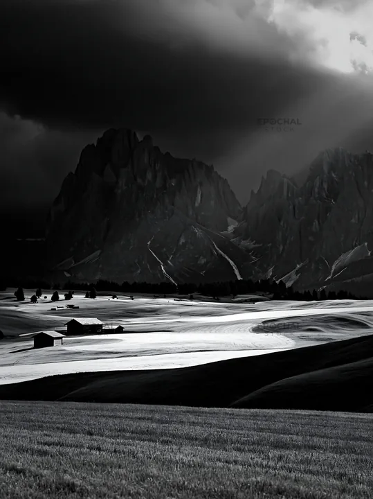Black and white alpe di Siusi meadow sunbeams illuminate the landscape - AI-generated stock image