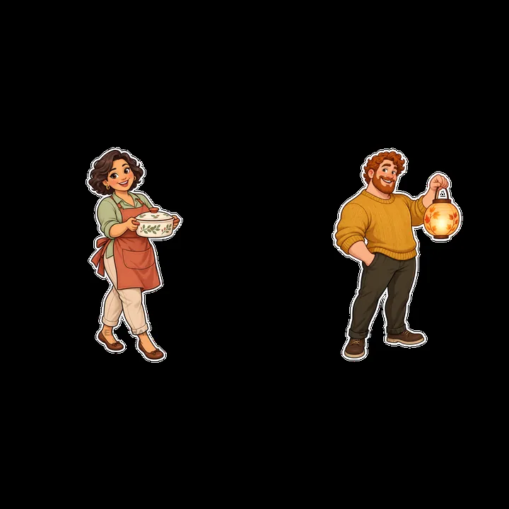 Cooking together in a cozy kitchen with a lantern and a bowl - AI-generated stock image