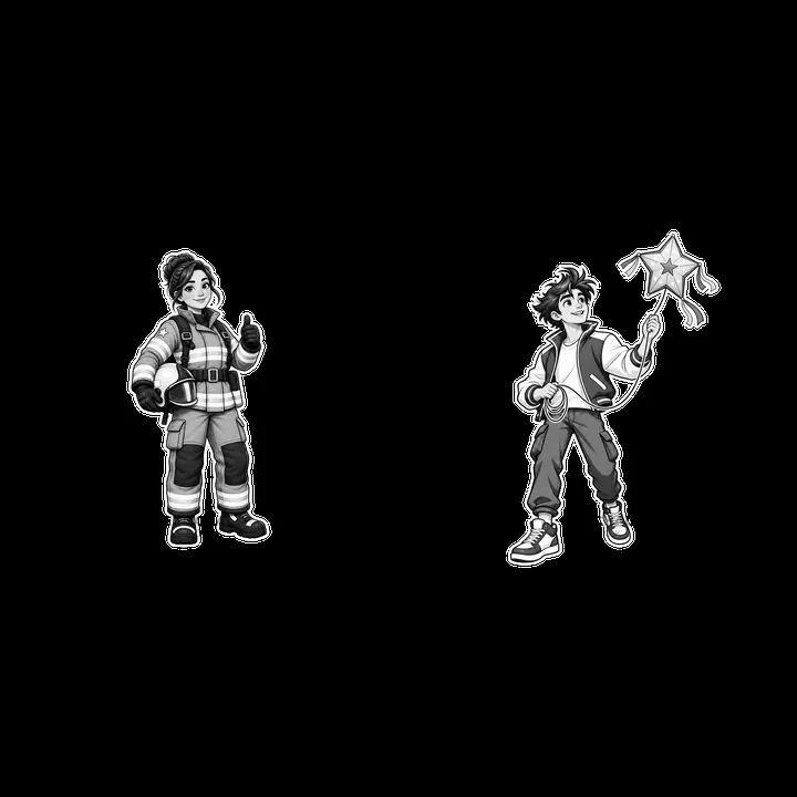 Children celebrating with a firefighter and a boy holding a star - AI-generated stock image