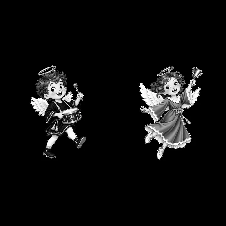 Christmas angels playing musical instruments in black and white - AI-generated stock image