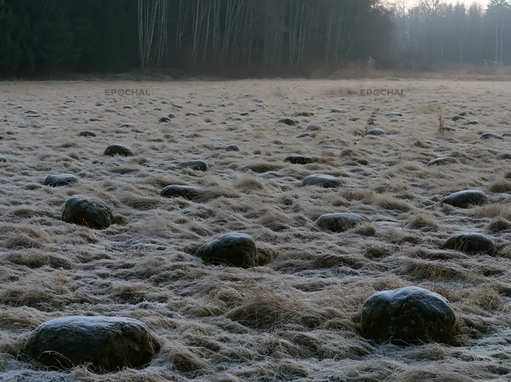 Rewilded Akita meadow with silver grass and stones - AI-generated stock image