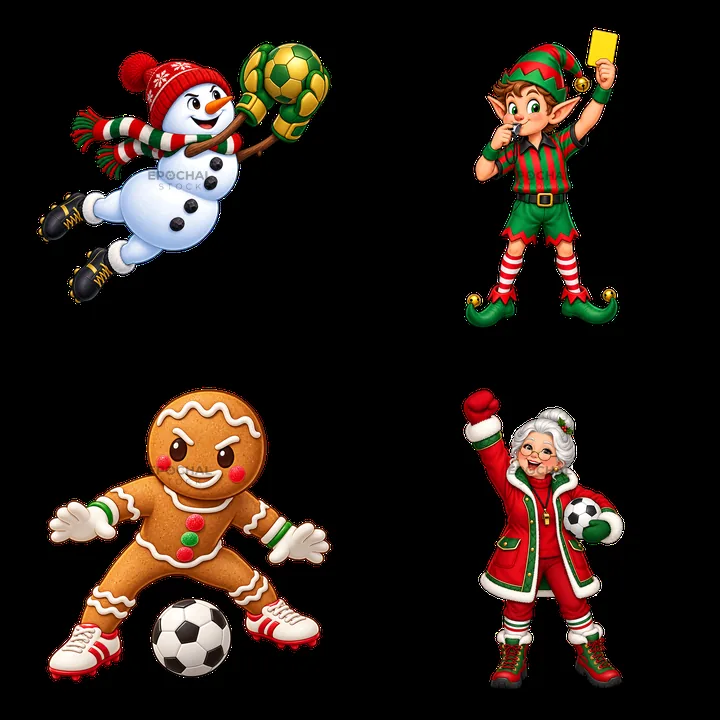 Christmas cartoon soccer characters in a 2x2 layout - AI-generated stock image