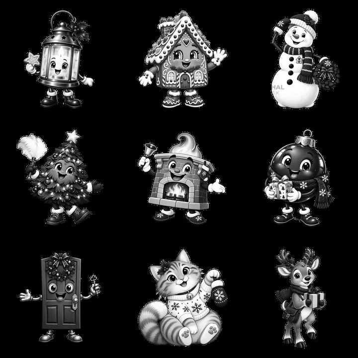 Christmas house cartoon characters in a 3x3 layout - AI-generated stock image