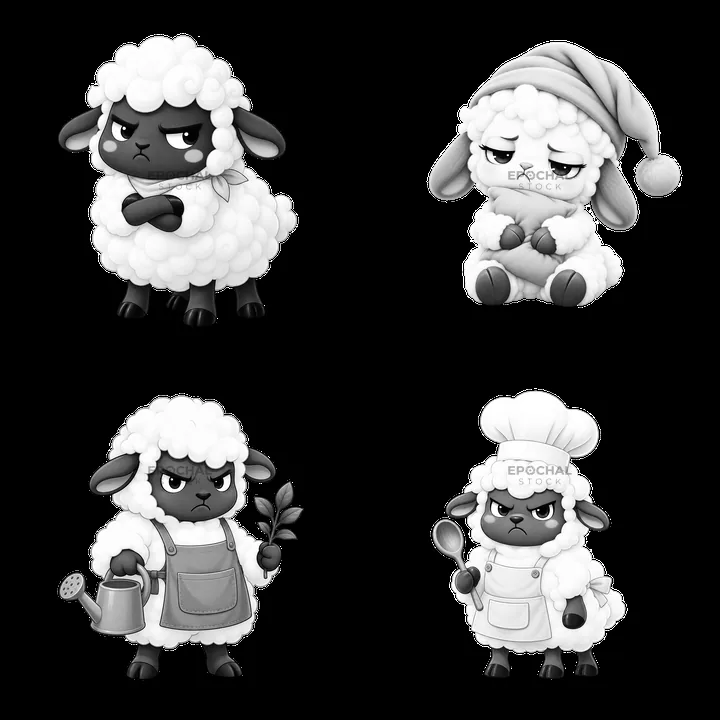 Grumpy sheep with different expressions and outfits in four designs - AI-generated stock image