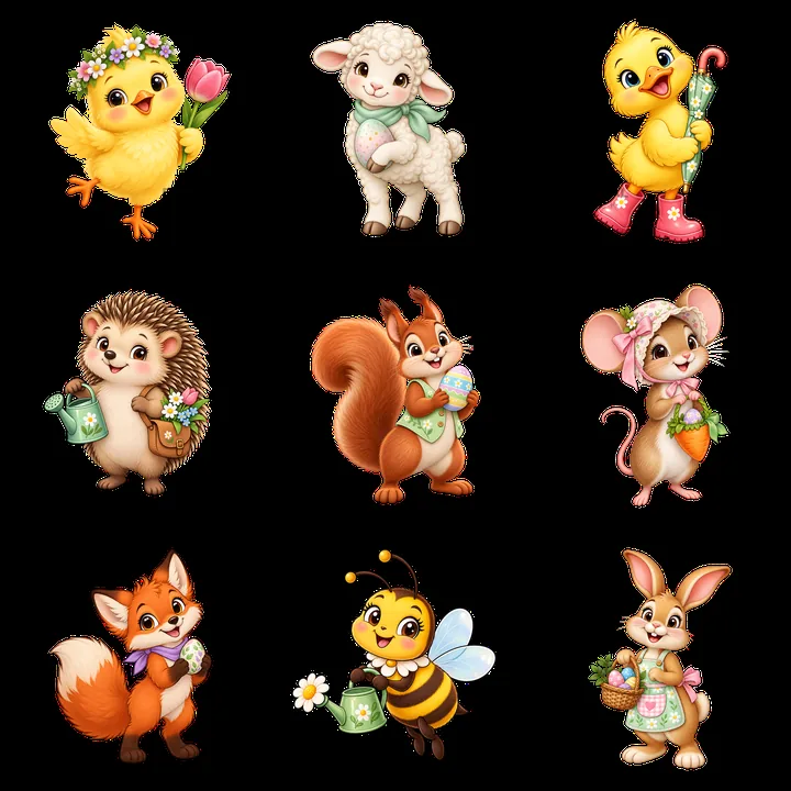Easter meadow characters with flowers and gardening tools - AI-generated stock image