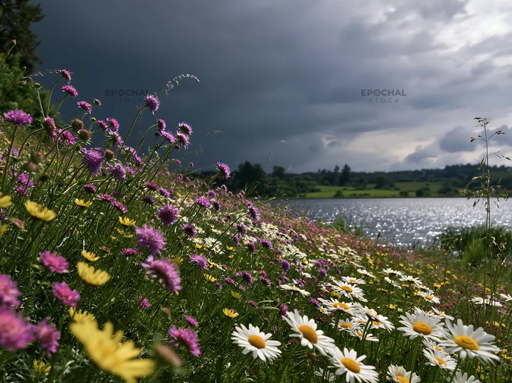 German lakeside meadow with flowers and dark clouds - AI-generated stock image