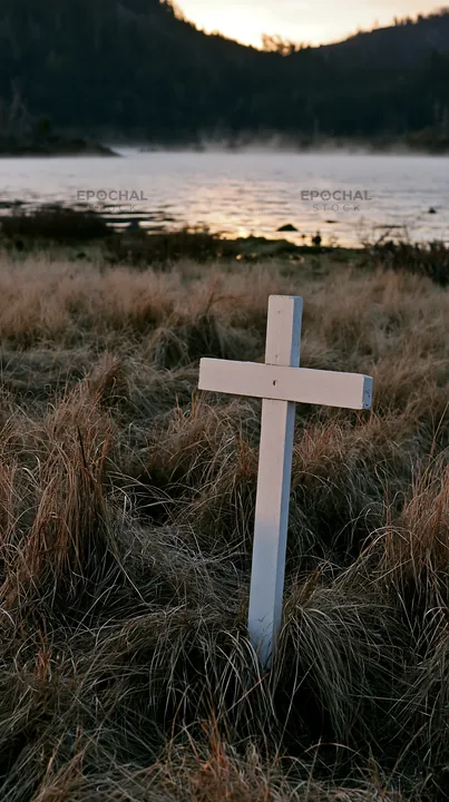 White Christian cross in the meadow by the water - AI-generated stock image