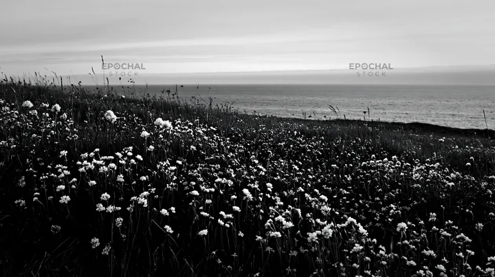 Black and white clifftop meadow with flowers overlooking the sea at sunset - AI-generated stock image