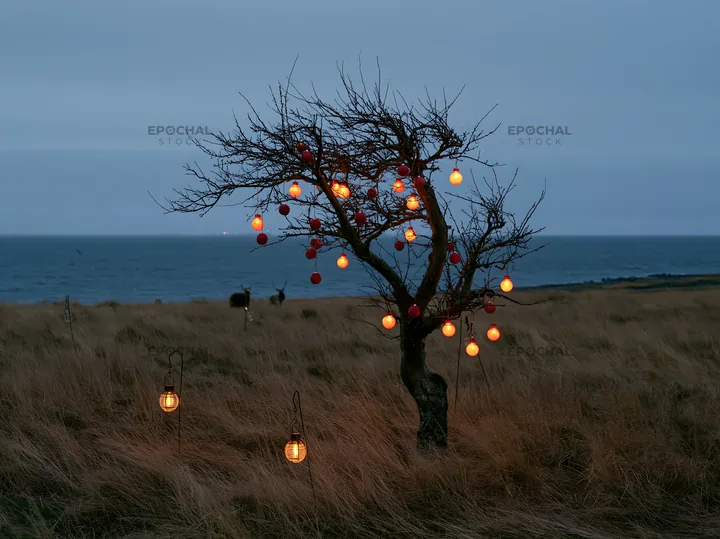 Christmas apple tree meadow with lights near the sea - AI-generated stock image