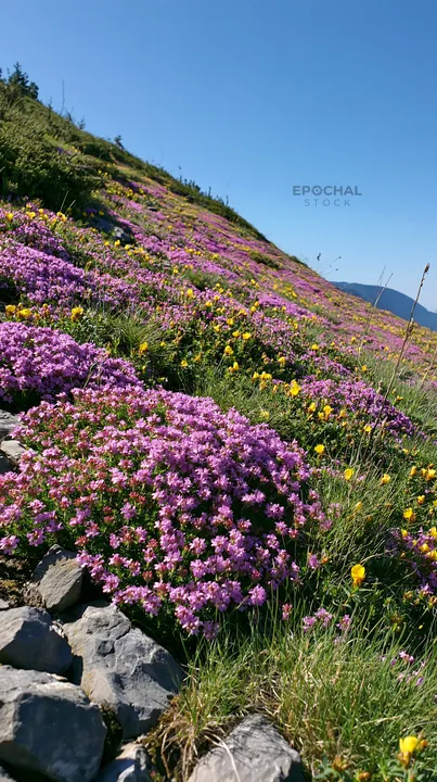 Sunny limestone slope meadow with colorful wildflowers - AI-generated stock image
