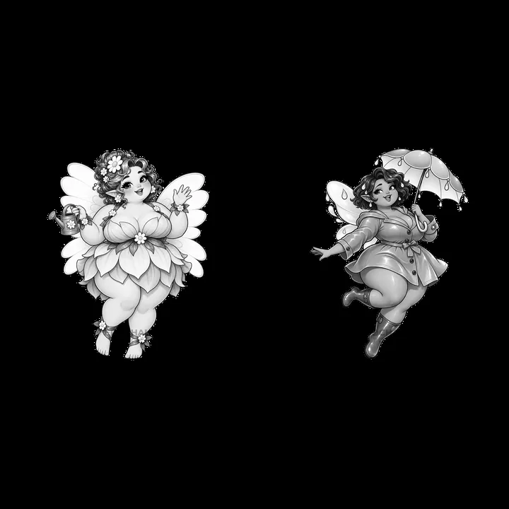 Kawaii ultra-fat fairies with accessories and playful poses - AI-generated stock image