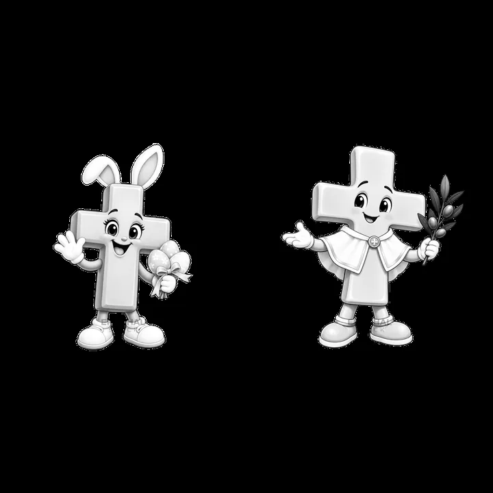 Easter bunny and cross characters holding flowers and leaves - AI-generated stock image