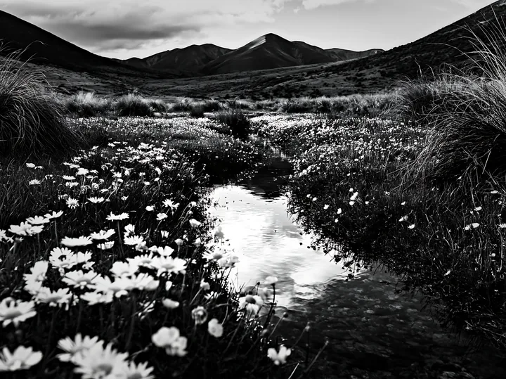 High contrast winding stream through meadow with flowers - AI-generated stock image