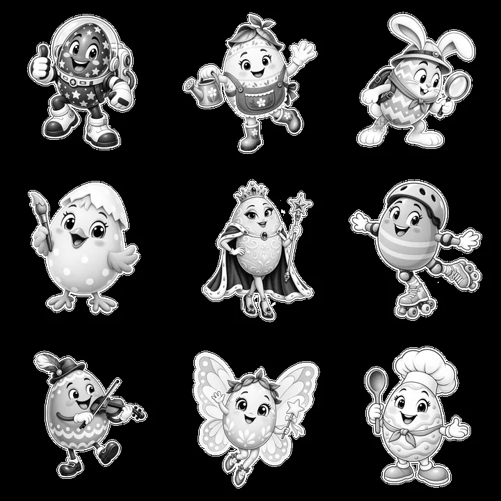 Easter egg characters in a 3x3 grid with various activities - AI-generated stock image