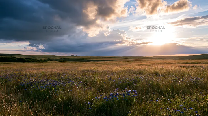Cornflower meadow website header image with clouds and sunlight - AI-generated stock image