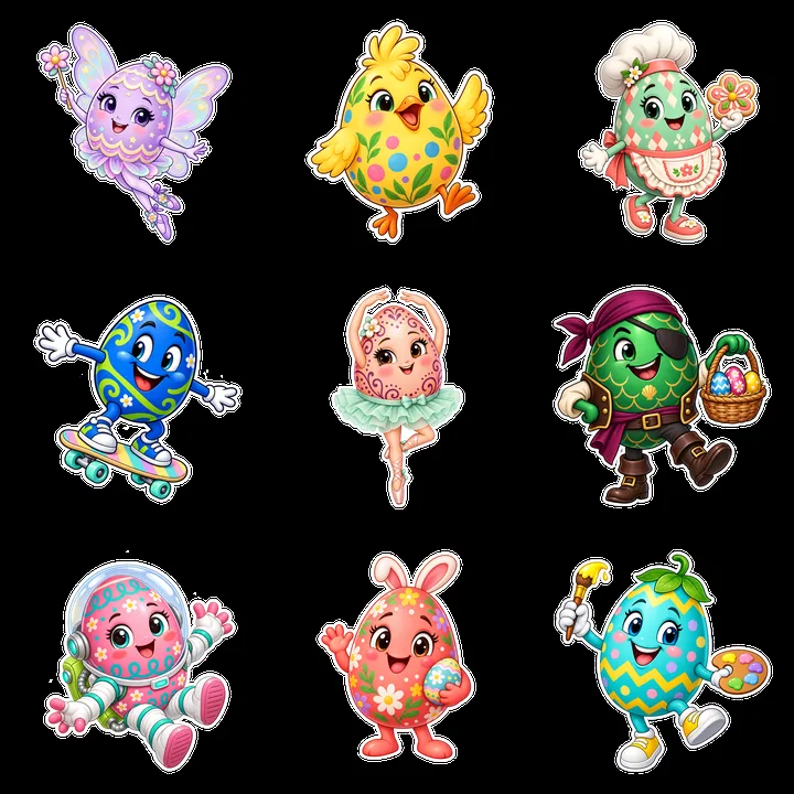 Colorful Easter eggs and characters in a 3x3 grid layout - AI-generated stock image