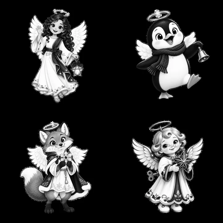 Christmas angel cartoon characters in black and white - AI-generated stock image
