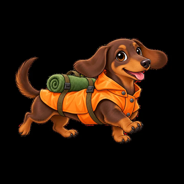 Happy cartoon dog in a backpack with camping gear - AI-generated stock image