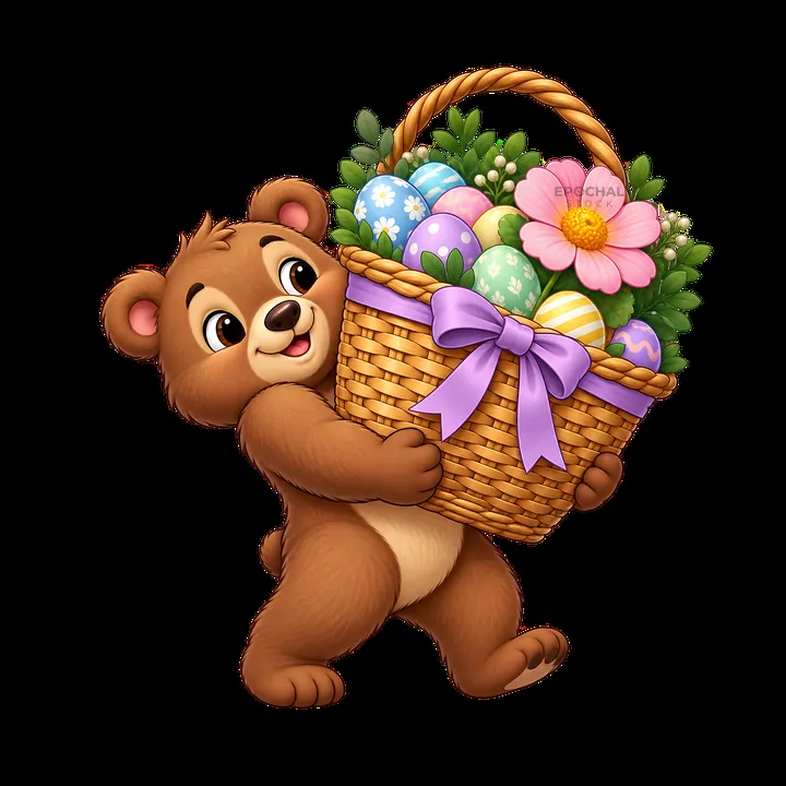 Cute bear carrying an Easter basket filled with colorful eggs - AI-generated stock image