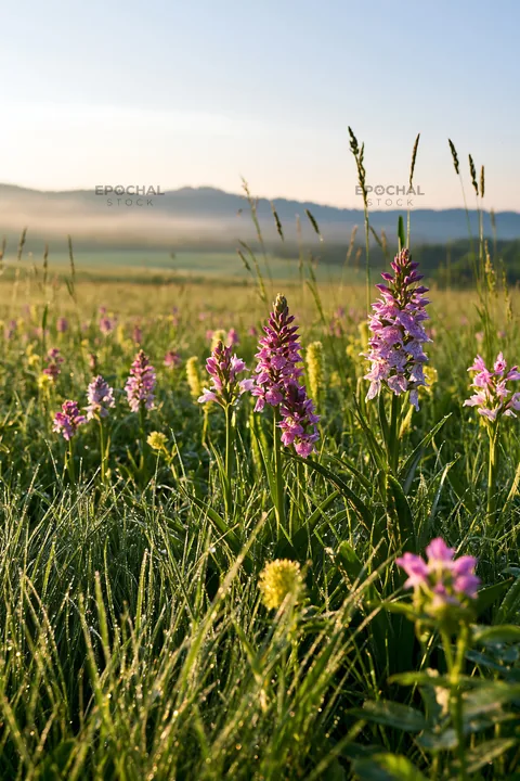 Colorful orchid meadow fills the landscape with flowers - AI-generated stock image