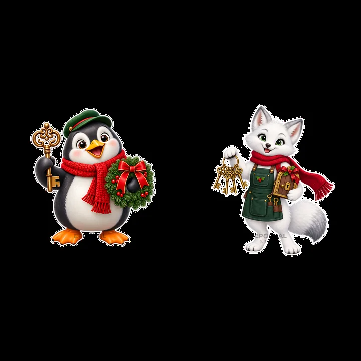 Penguin with wreath and fox holding keys for Christmas door - AI-generated stock image