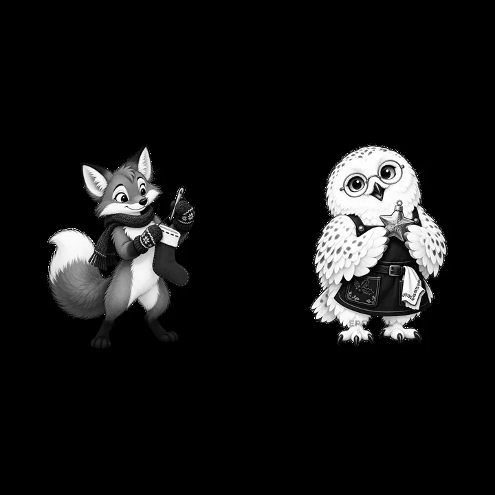 Fox and owl characters with Christmas stockings by fireplace - AI-generated stock image