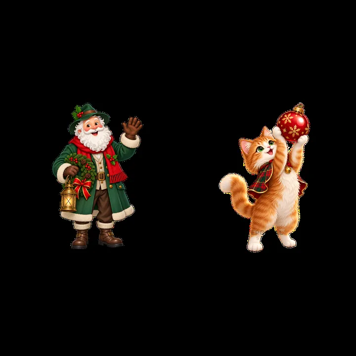 Santa Claus greets with a lantern while a cat plays with a bauble - AI-generated stock image