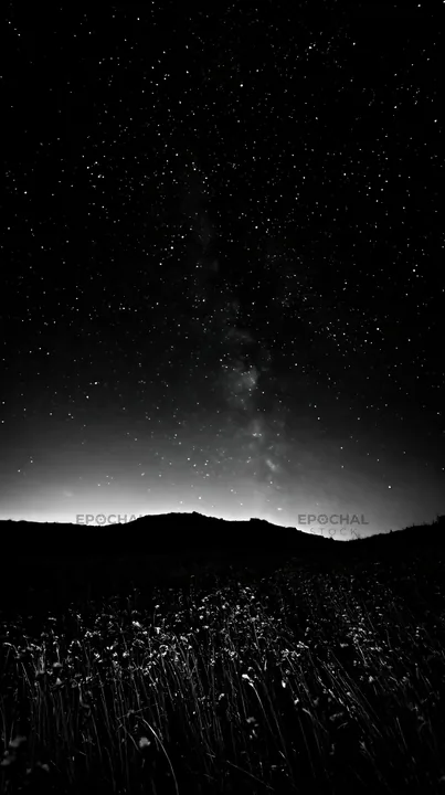 Black and white meadow with seedheads under a starry night sky - AI-generated stock image