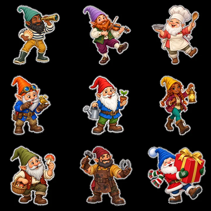 Gnomes in various activities showcasing unique skills and costumes - AI-generated stock image
