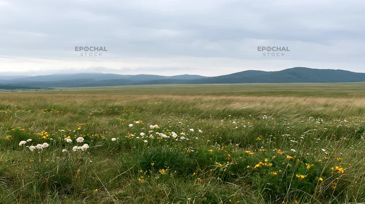 Cloudy limestone meadow with wildflowers and distant hills - AI-generated stock image