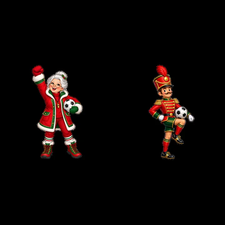 Christmas goal soccer characters with festive outfits - AI-generated stock image