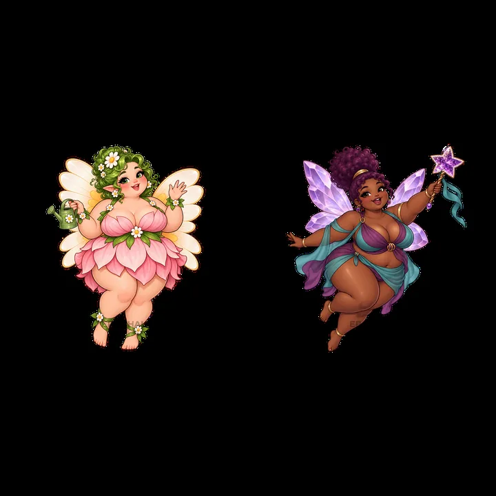 Kawaii ultra-fat fairies with flower and star accessories - AI-generated stock image