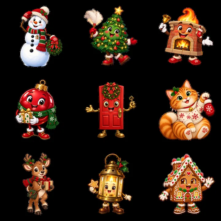 Christmas house characters with snowman, tree, and door in 3x3 grid - AI-generated stock image