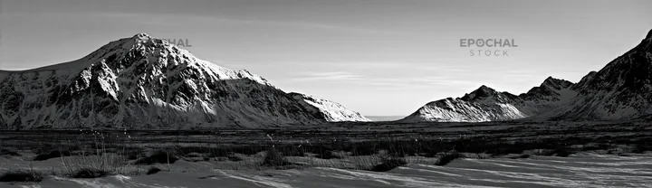 Black and white lofoten coastal meadow winter snow with mountains and blue sky - AI-generated stock image