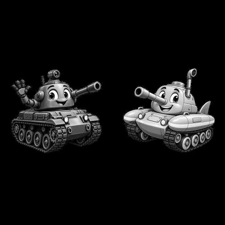 Two cartoon tanks waving and smiling in black and white - AI-generated stock image