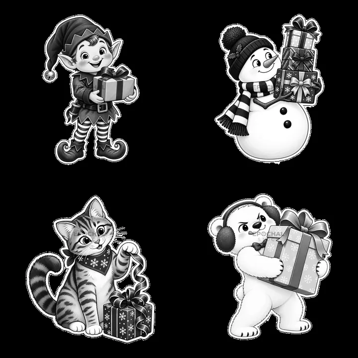 Christmas characters holding gifts in a 2x2 arrangement - AI-generated stock image