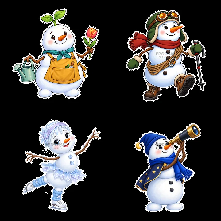 Four snowmen are engaged in different activities - AI-generated stock image