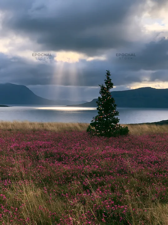 Christmas decorations in meadow under clouds and sunbeams - AI-generated stock image