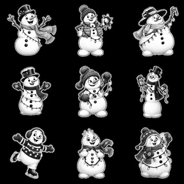 Snowmen wearing string lights in various joyful poses - AI-generated stock image